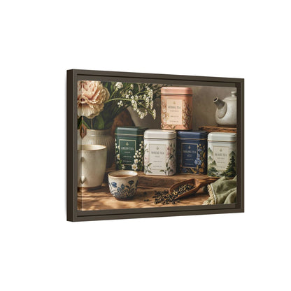 Side Mockup 5. Floral Tea Tins Floral Tea Still Life shown as stretched canvas wall art