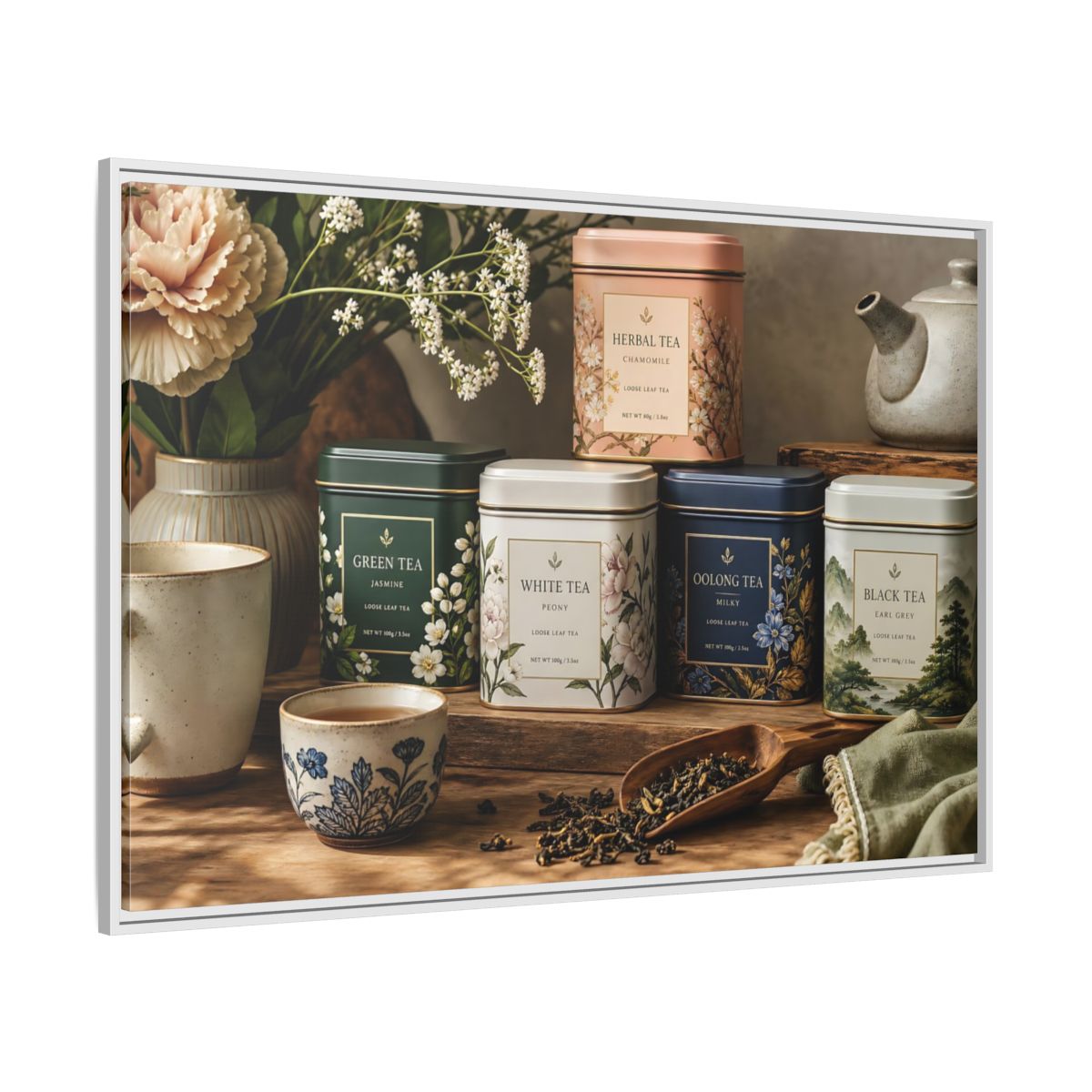 Side Mockup 7. Floral Tea Tins Floral Tea Still Life shown as stretched canvas wall art