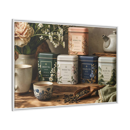 Side Mockup 7. Floral Tea Tins Floral Tea Still Life shown as stretched canvas wall art