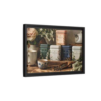 Side Mockup 6. Floral Tea Tins Floral Tea Still Life shown as stretched canvas wall art