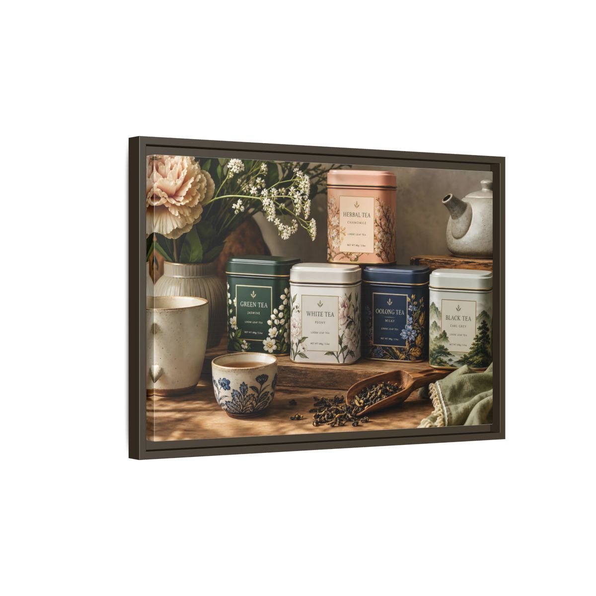 Side Mockup 2. Floral Tea Tins Floral Tea Still Life shown as stretched canvas wall art