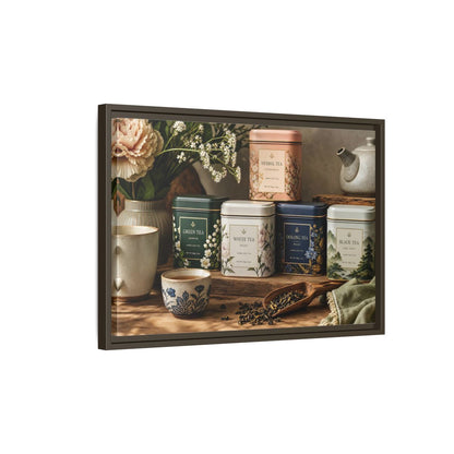Side Mockup 2. Floral Tea Tins Floral Tea Still Life shown as stretched canvas wall art