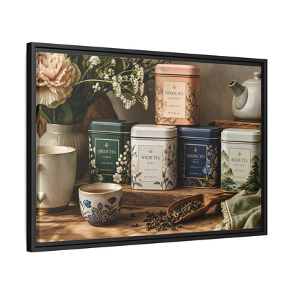 Side Mockup 14. Floral Tea Tins Floral Tea Still Life shown as stretched canvas wall art