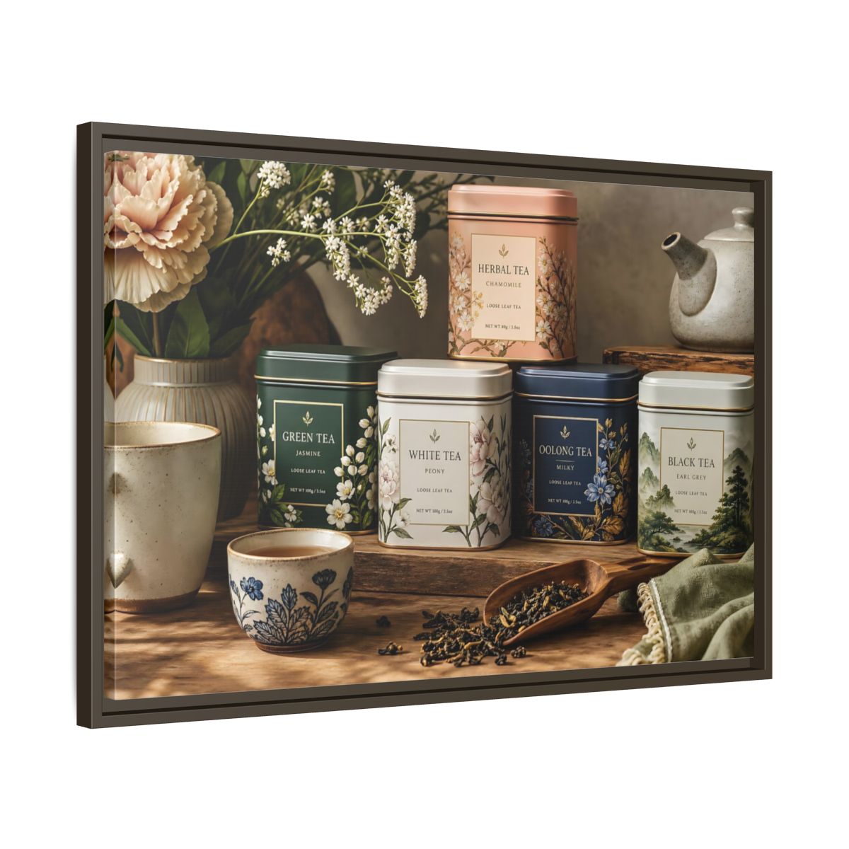 Side Mockup 11. Floral Tea Tins Floral Tea Still Life shown as stretched canvas wall art