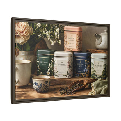 Side Mockup 11. Floral Tea Tins Floral Tea Still Life shown as stretched canvas wall art