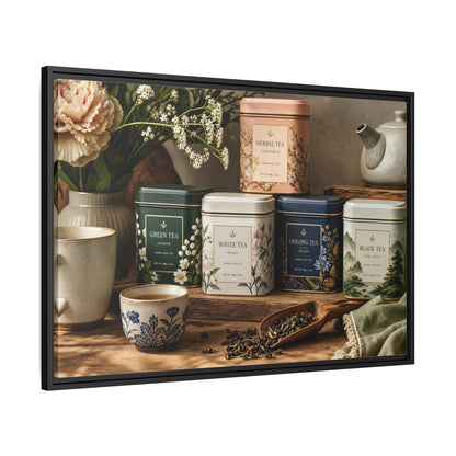 Side Mockup 13. Floral Tea Tins Floral Tea Still Life shown as stretched canvas wall art