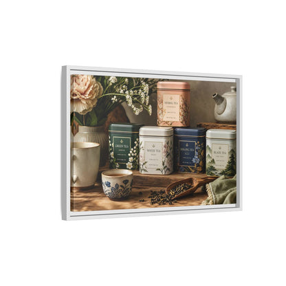 Side Mockup 1. Floral Tea Tins Floral Tea Still Life shown as stretched canvas wall art