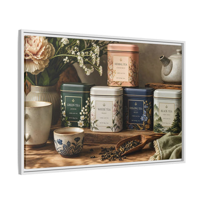 Side Mockup 9. Floral Tea Tins Floral Tea Still Life shown as stretched canvas wall art