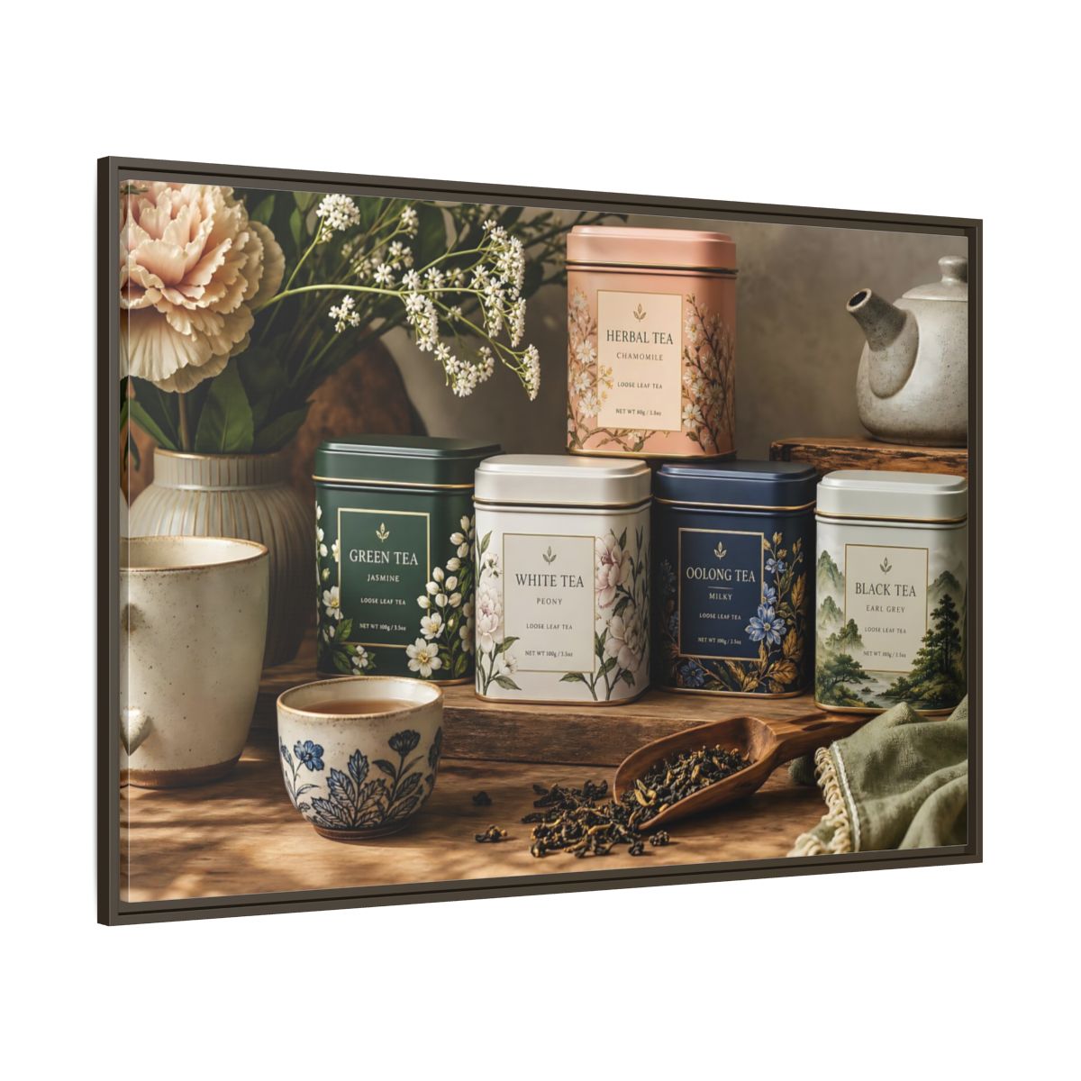 Side Mockup 8. Floral Tea Tins Floral Tea Still Life shown as stretched canvas wall art