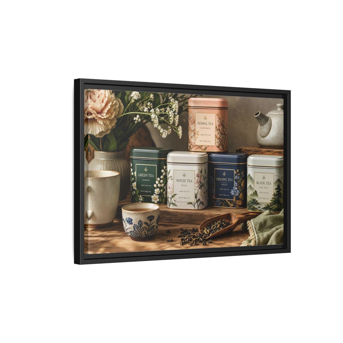 Side Mockup 3. Floral Tea Tins Floral Tea Still Life shown as stretched canvas wall art