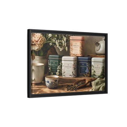 Side Mockup 3. Floral Tea Tins Floral Tea Still Life shown as stretched canvas wall art