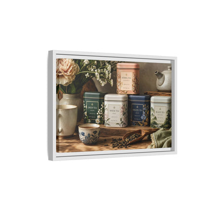 Side Mockup 4. Floral Tea Tins Floral Tea Still Life shown as stretched canvas wall art