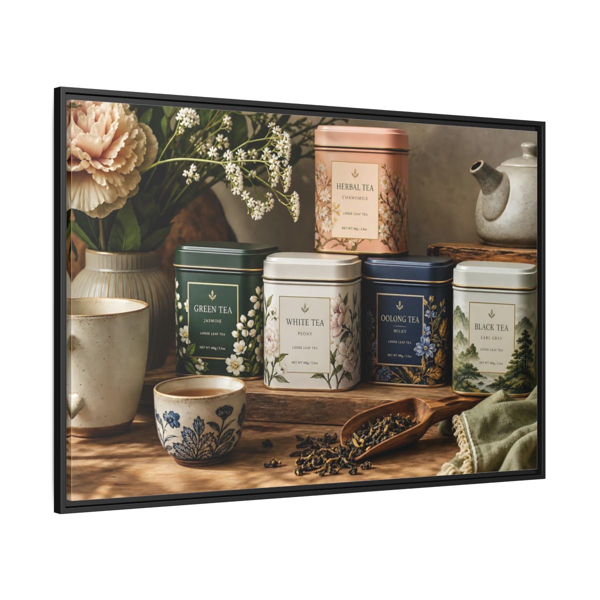Side Mockup 12. Floral Tea Tins Floral Tea Still Life shown as stretched canvas wall art