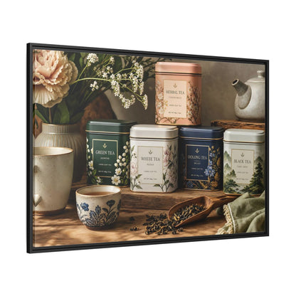 Side Mockup 12. Floral Tea Tins Floral Tea Still Life shown as stretched canvas wall art