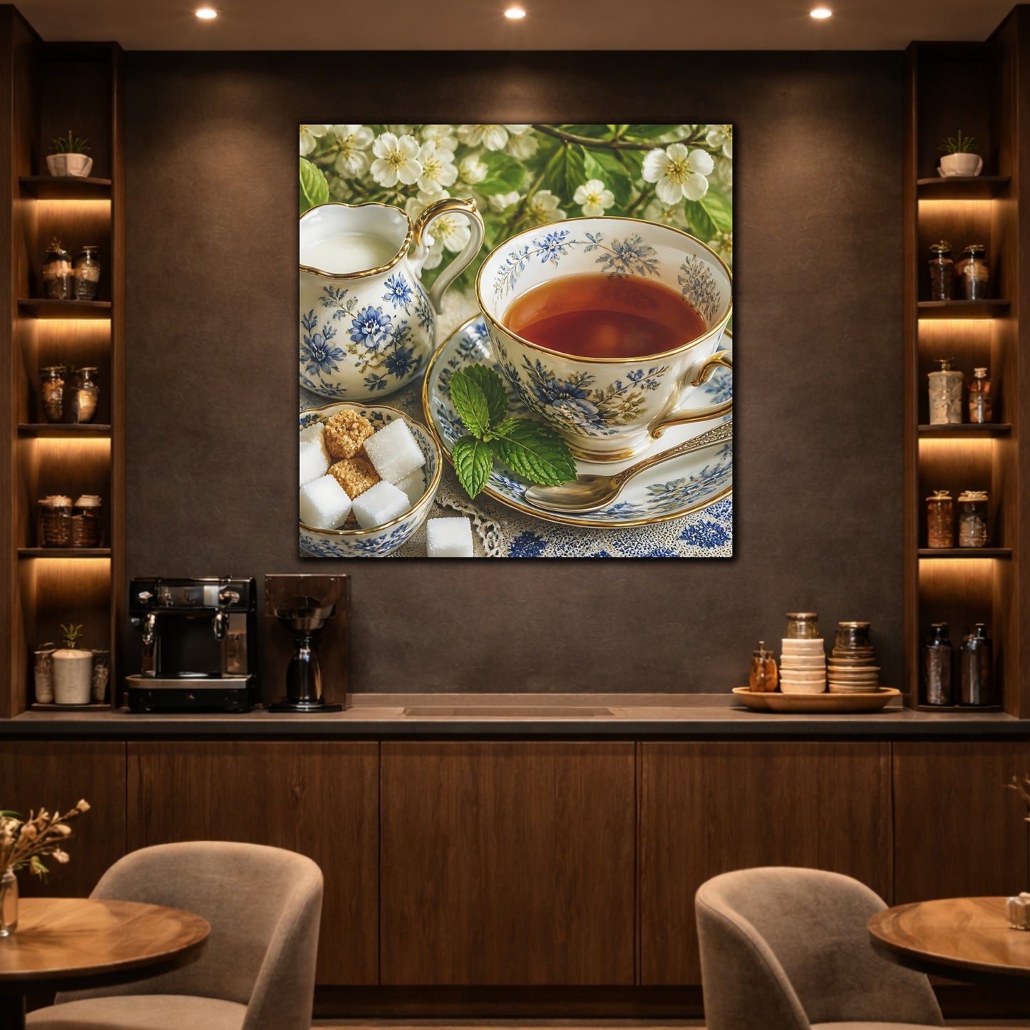 Mockup 2. Floral Teacup Blue Floral Tea shown as stretched canvas wall art