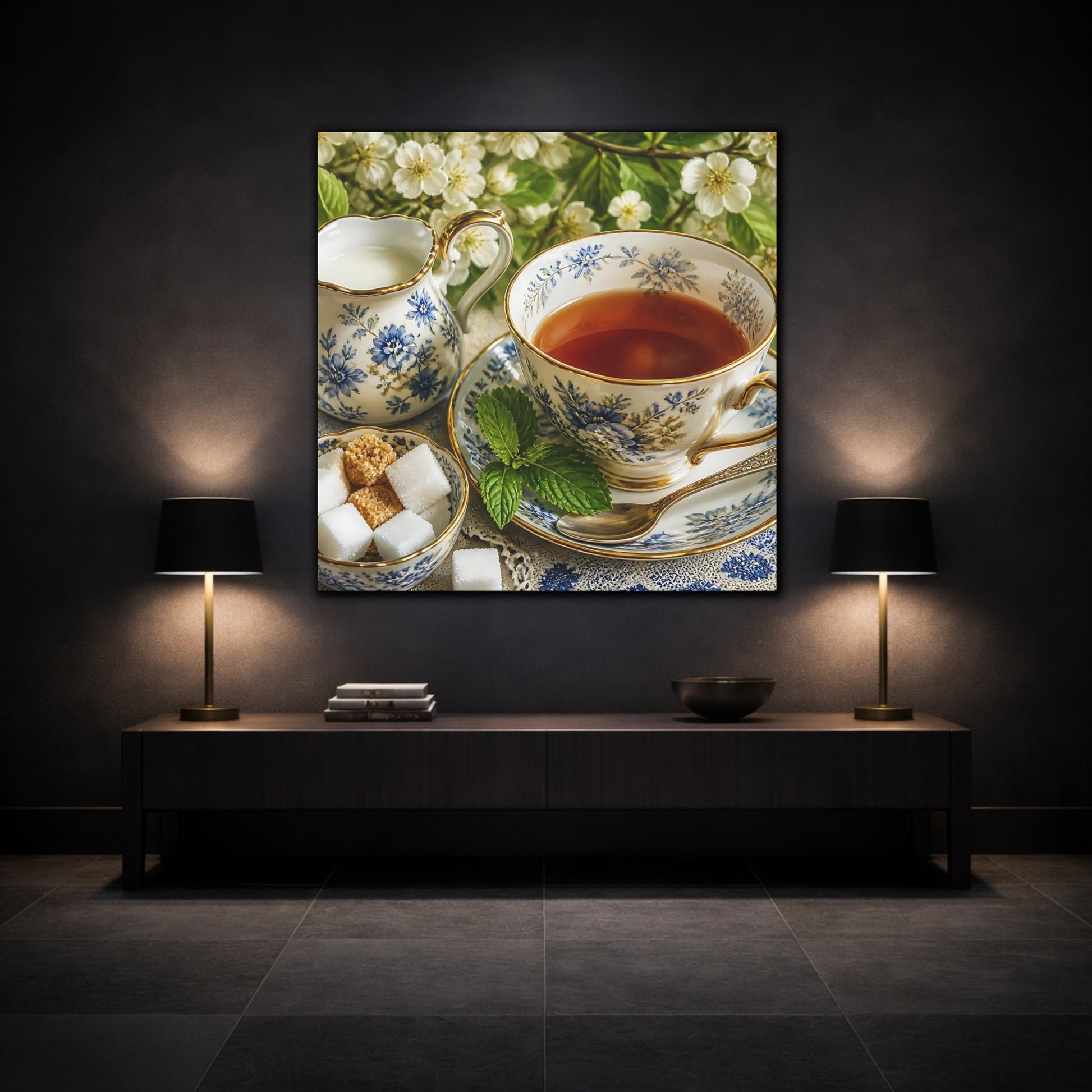 Mockup 3. Floral Teacup Blue Floral Tea shown as stretched canvas wall art