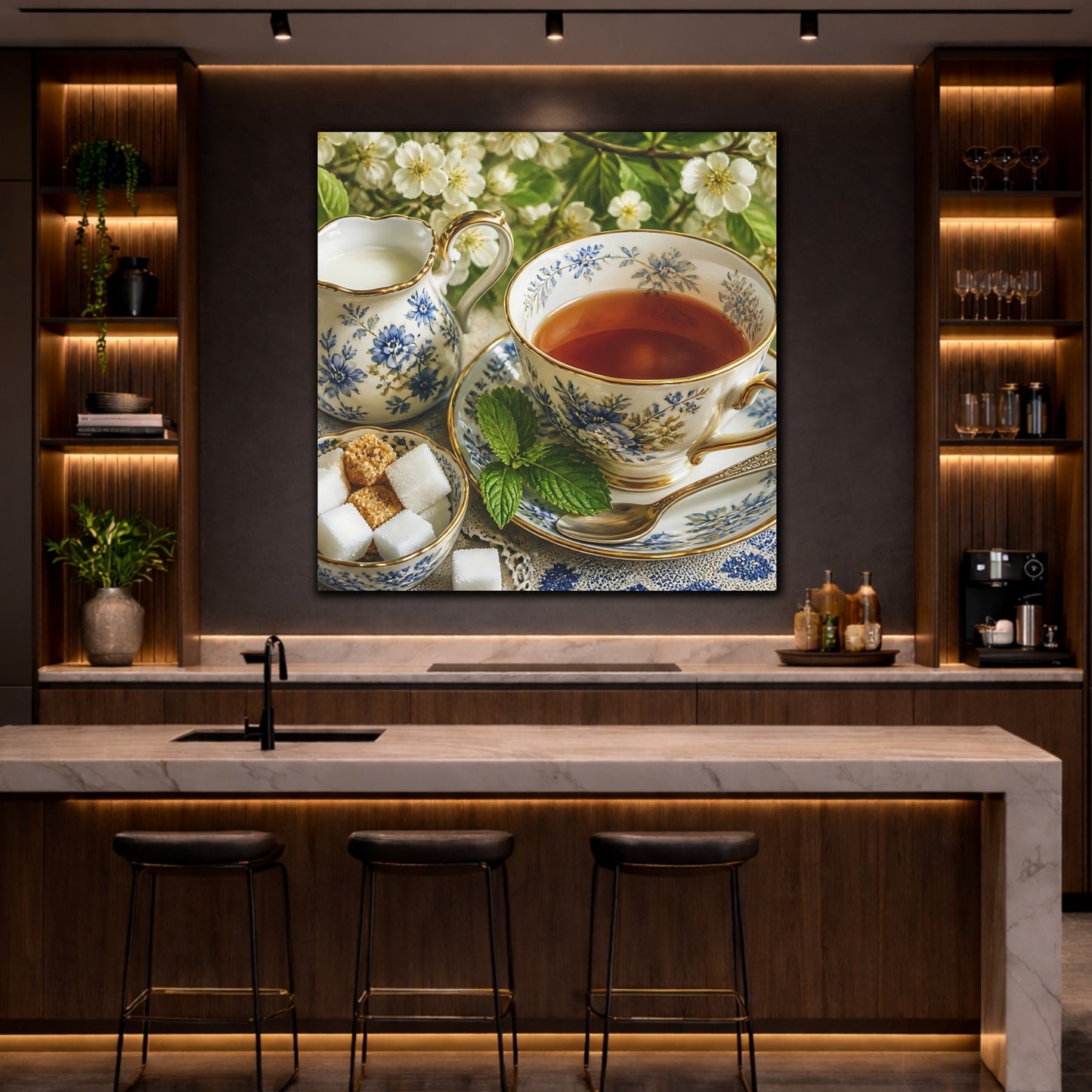 Mockup 4. Floral Teacup Blue Floral Tea shown as stretched canvas wall art