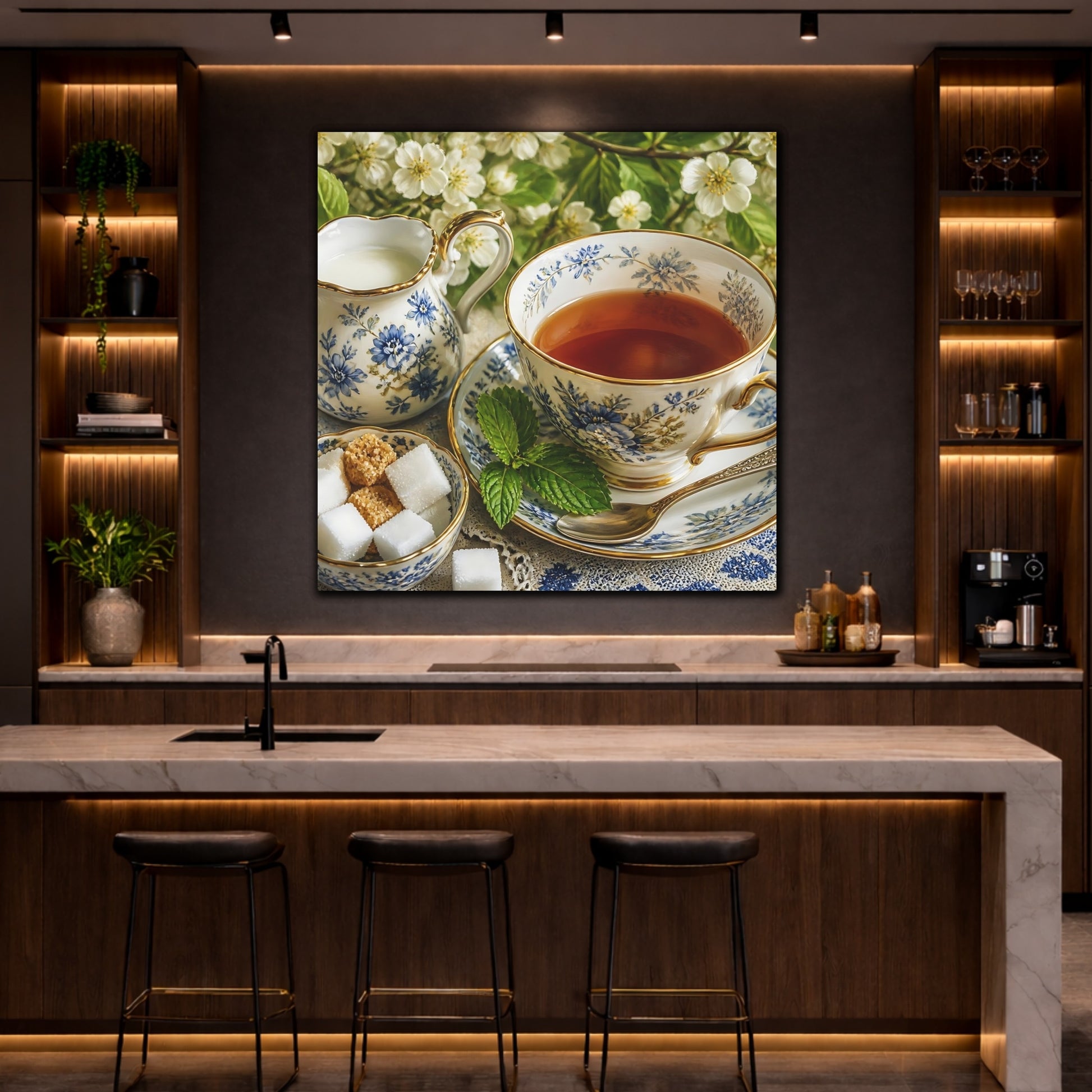 Mockup 4. Floral Teacup Blue Floral Tea shown as stretched canvas wall art