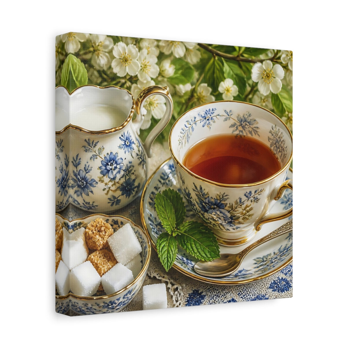 Side Mockup 9. Floral Teacup Blue Floral Tea shown as stretched canvas wall art