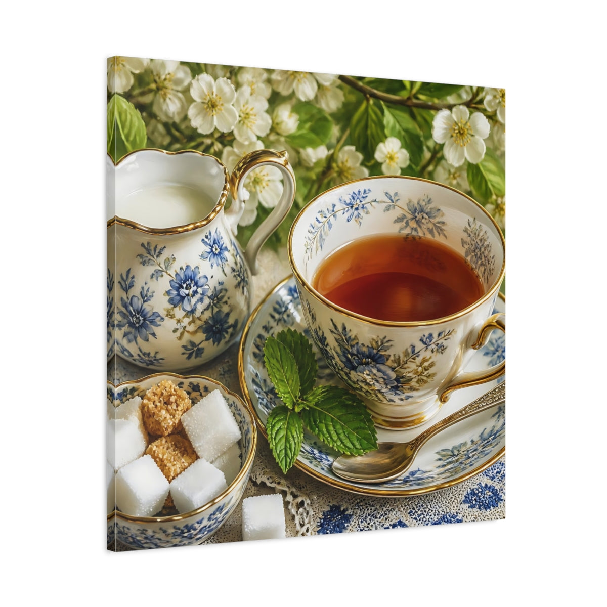 Side Mockup 3. Floral Teacup Blue Floral Tea shown as stretched canvas wall art