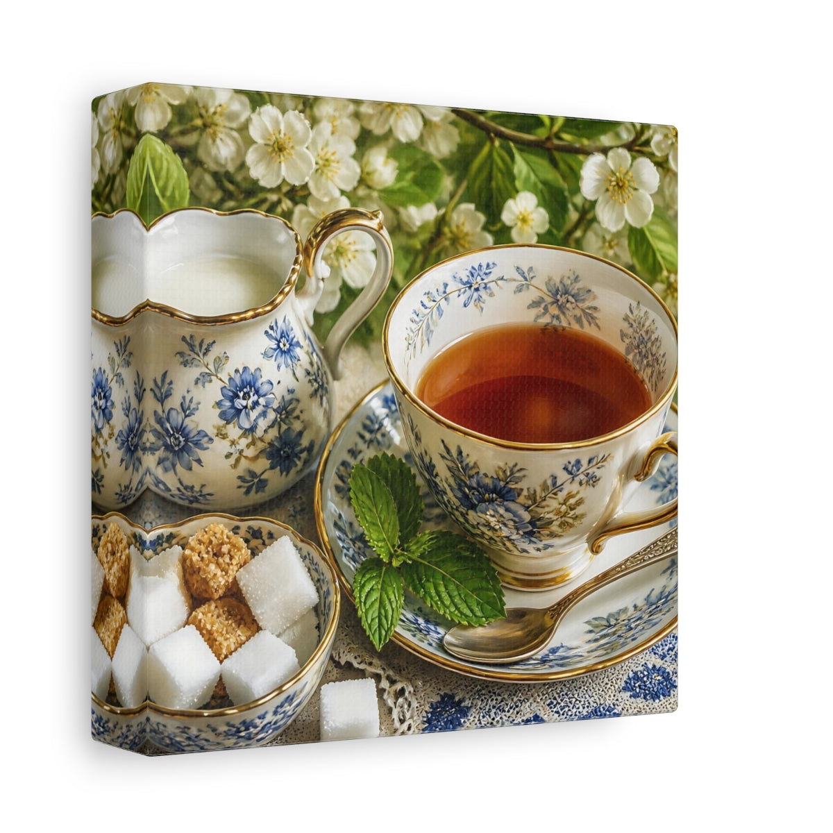 Side Mockup 2. Floral Teacup Blue Floral Tea shown as stretched canvas wall art