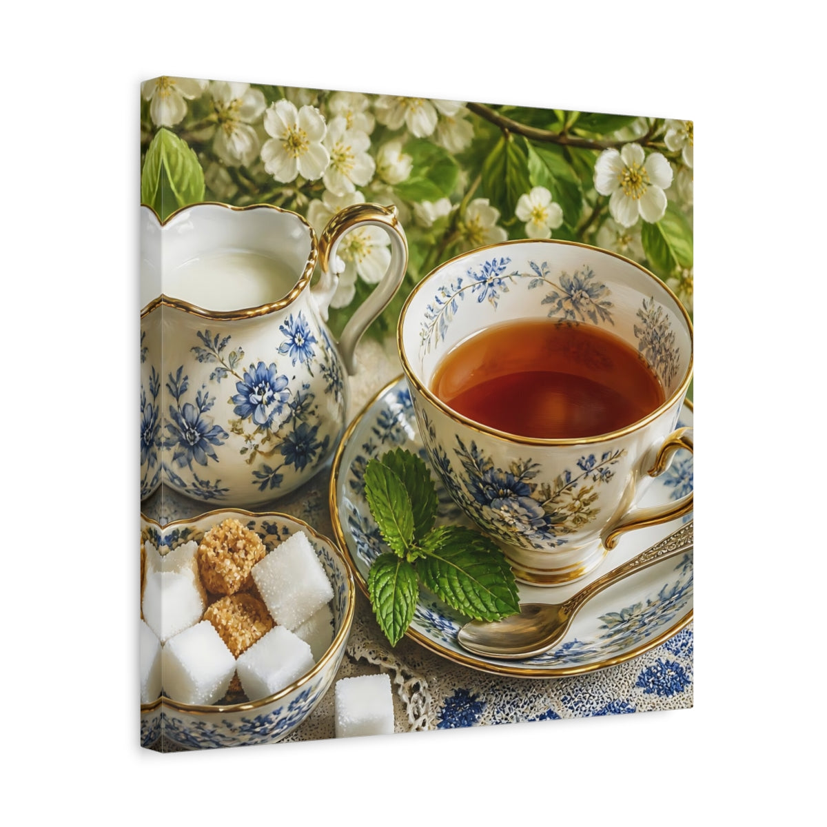 Side Mockup 6. Floral Teacup Blue Floral Tea shown as stretched canvas wall art