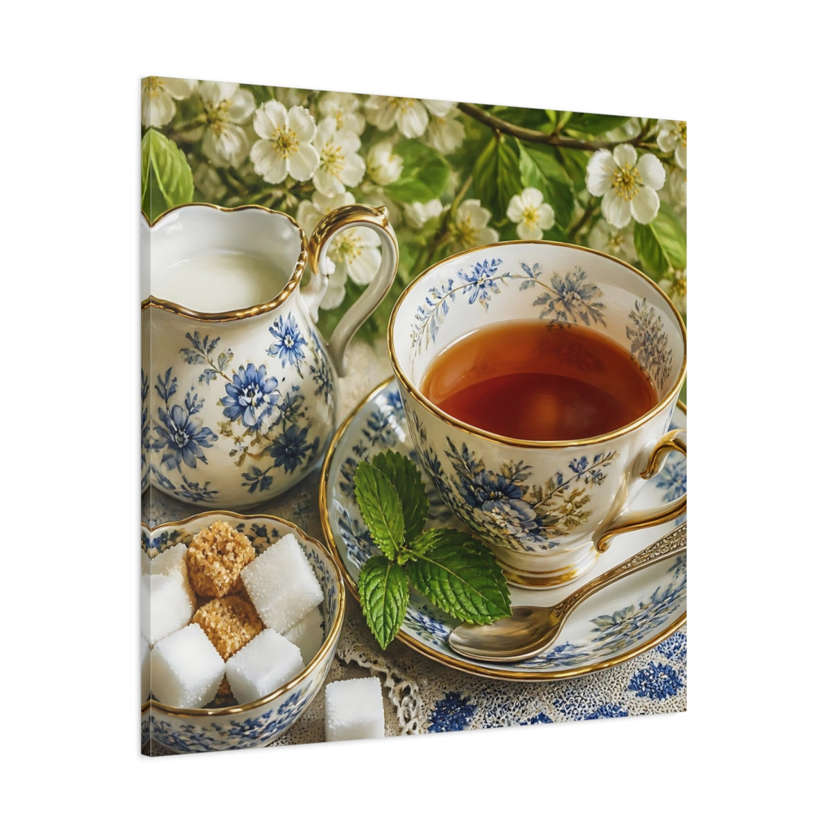 Side Mockup 1. Floral Teacup Blue Floral Tea shown as stretched canvas wall art