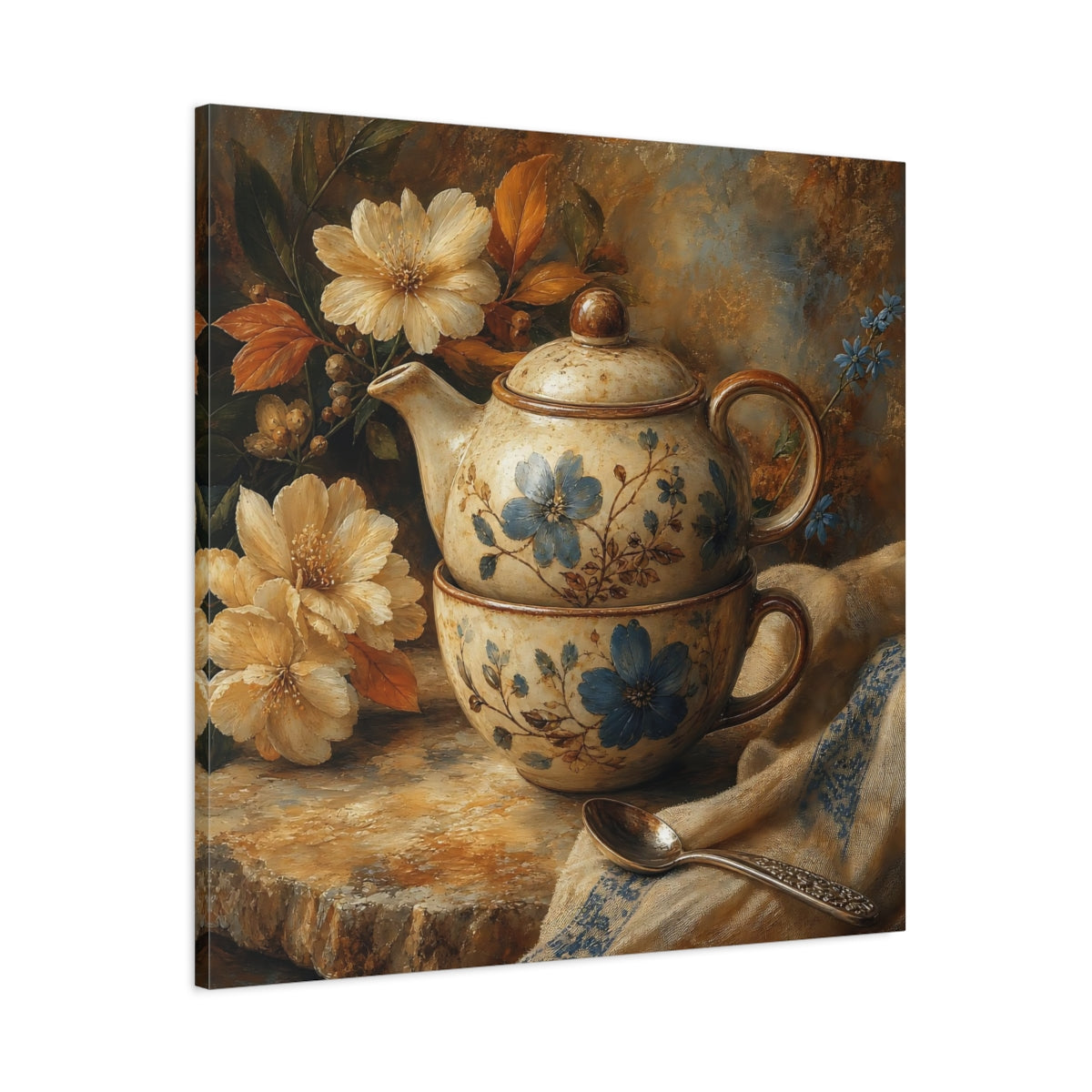 Main Mockup. Floral Teapot And Cup Blue Floral Teaset shown as stretched canvas wall art