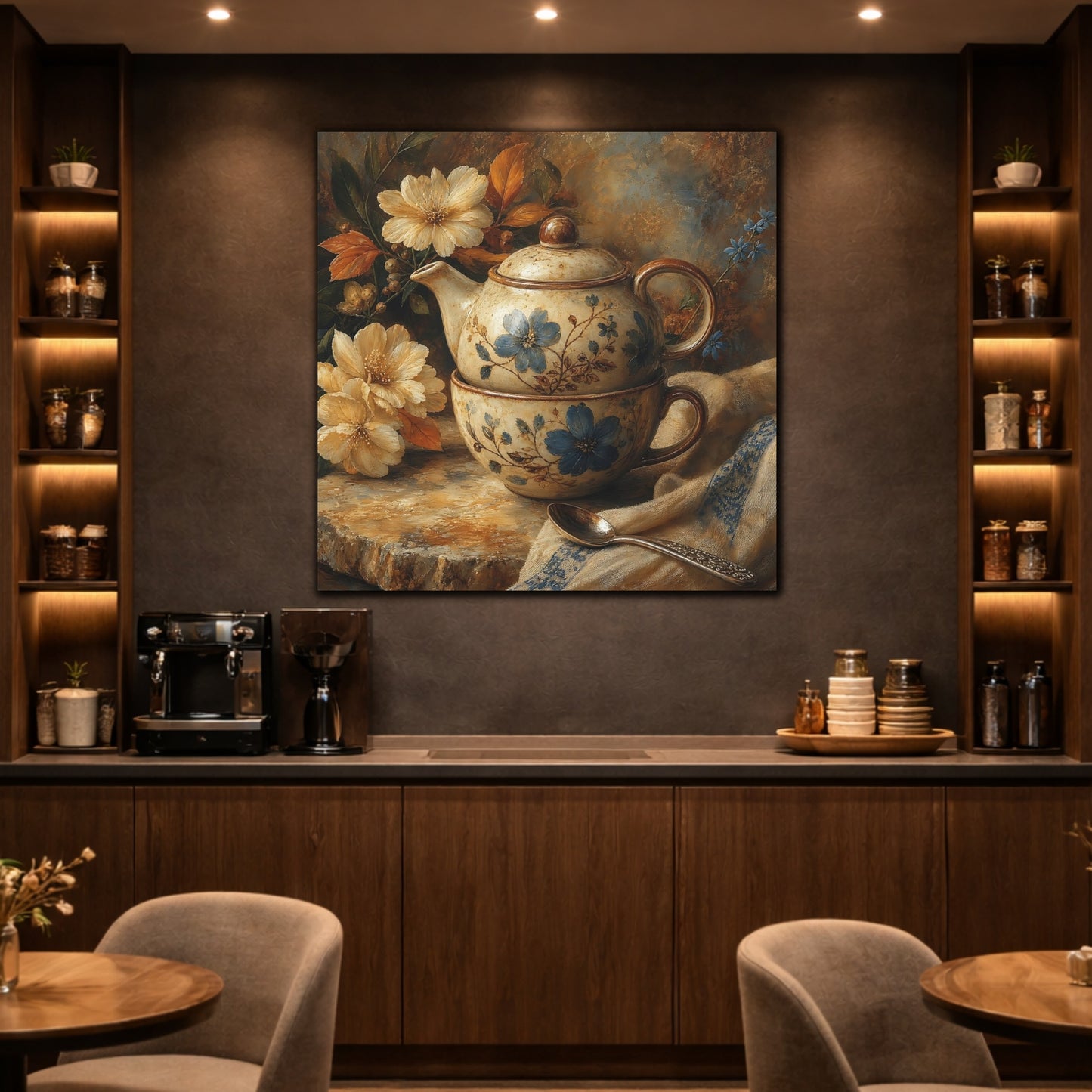 Mockup 2. Floral Teapot And Cup Blue Floral Teaset shown as stretched canvas wall art