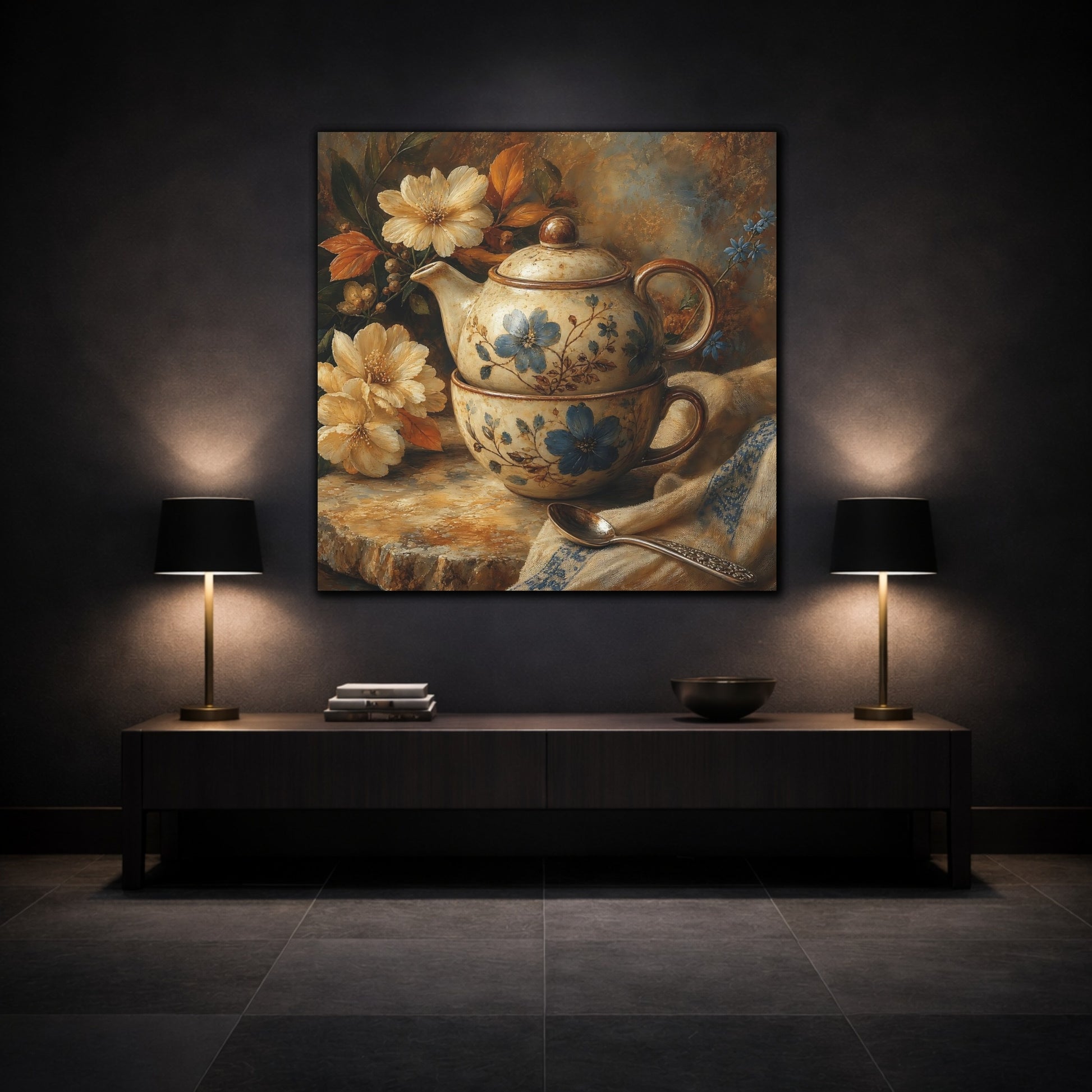 Mockup 3. Floral Teapot And Cup Blue Floral Teaset shown as stretched canvas wall art