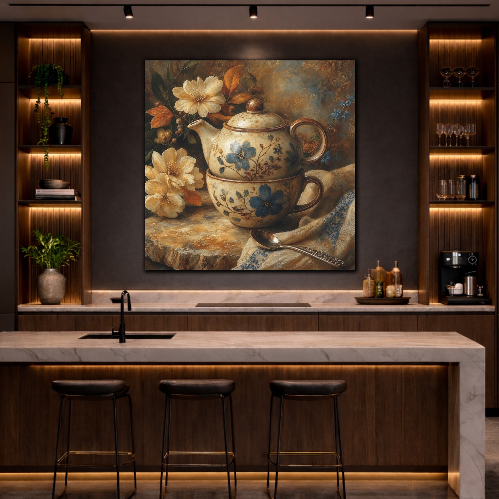 Mockup 4. Floral Teapot And Cup Blue Floral Teaset shown as stretched canvas wall art