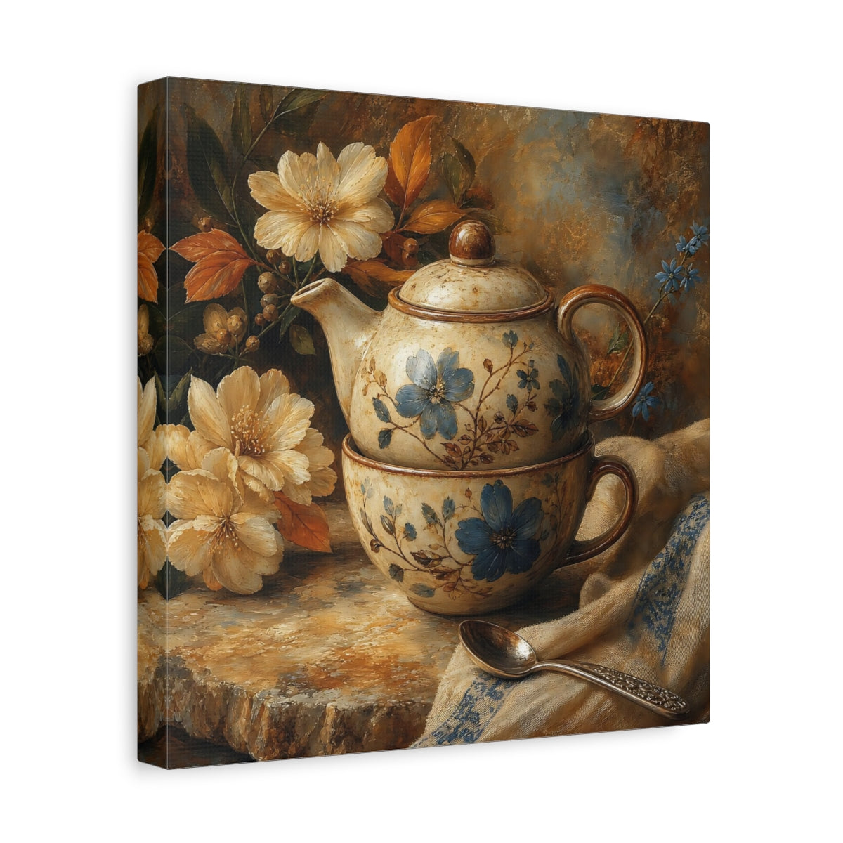 Side Mockup 8. Floral Teapot And Cup Blue Floral Teaset shown as stretched canvas wall art