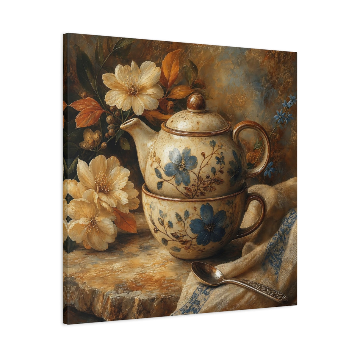 Side Mockup 3. Floral Teapot And Cup Blue Floral Teaset shown as stretched canvas wall art