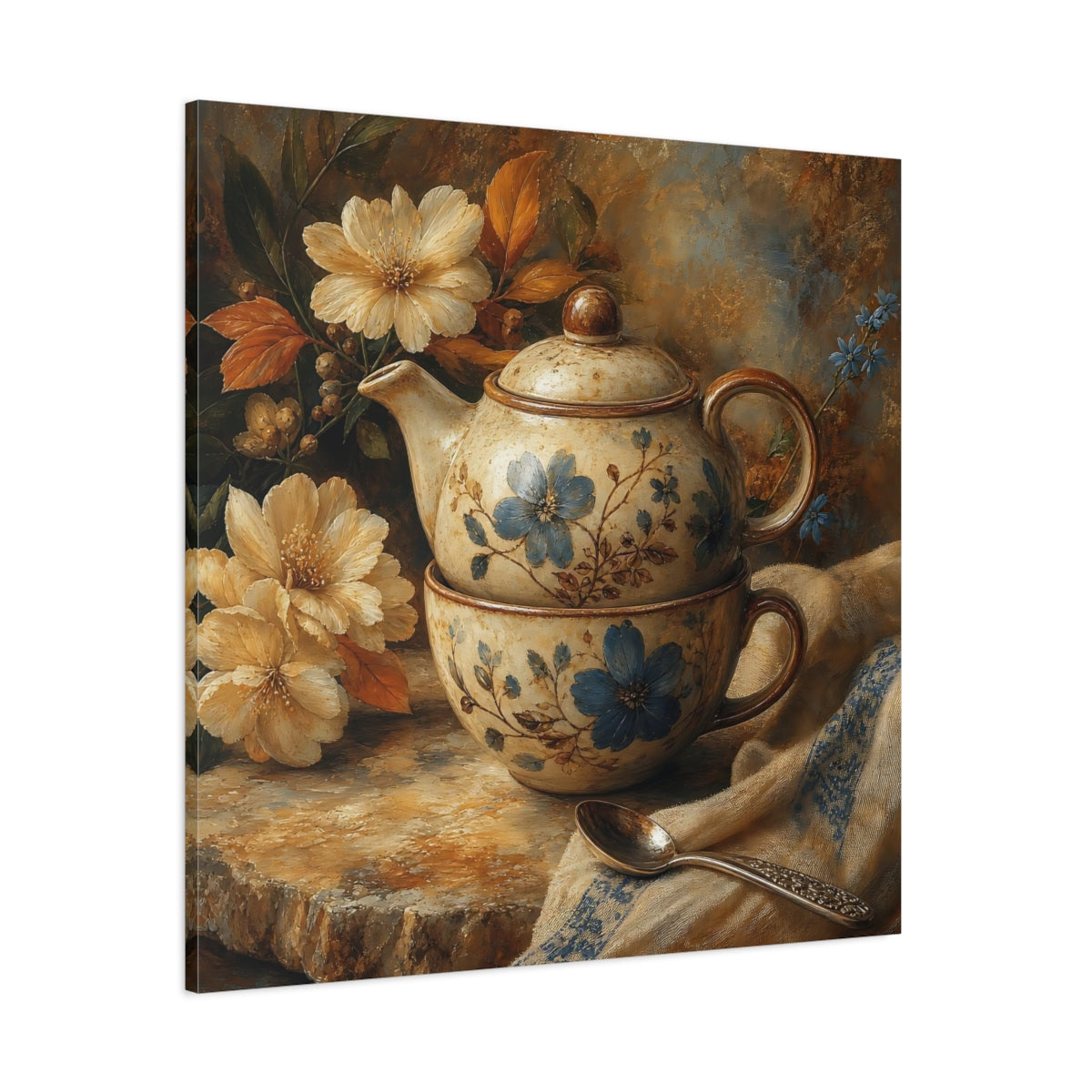 Side Mockup 1. Floral Teapot And Cup Blue Floral Teaset shown as stretched canvas wall art