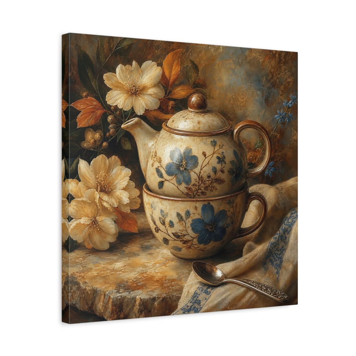 Side Mockup 5. Floral Teapot And Cup Blue Floral Teaset shown as stretched canvas wall art