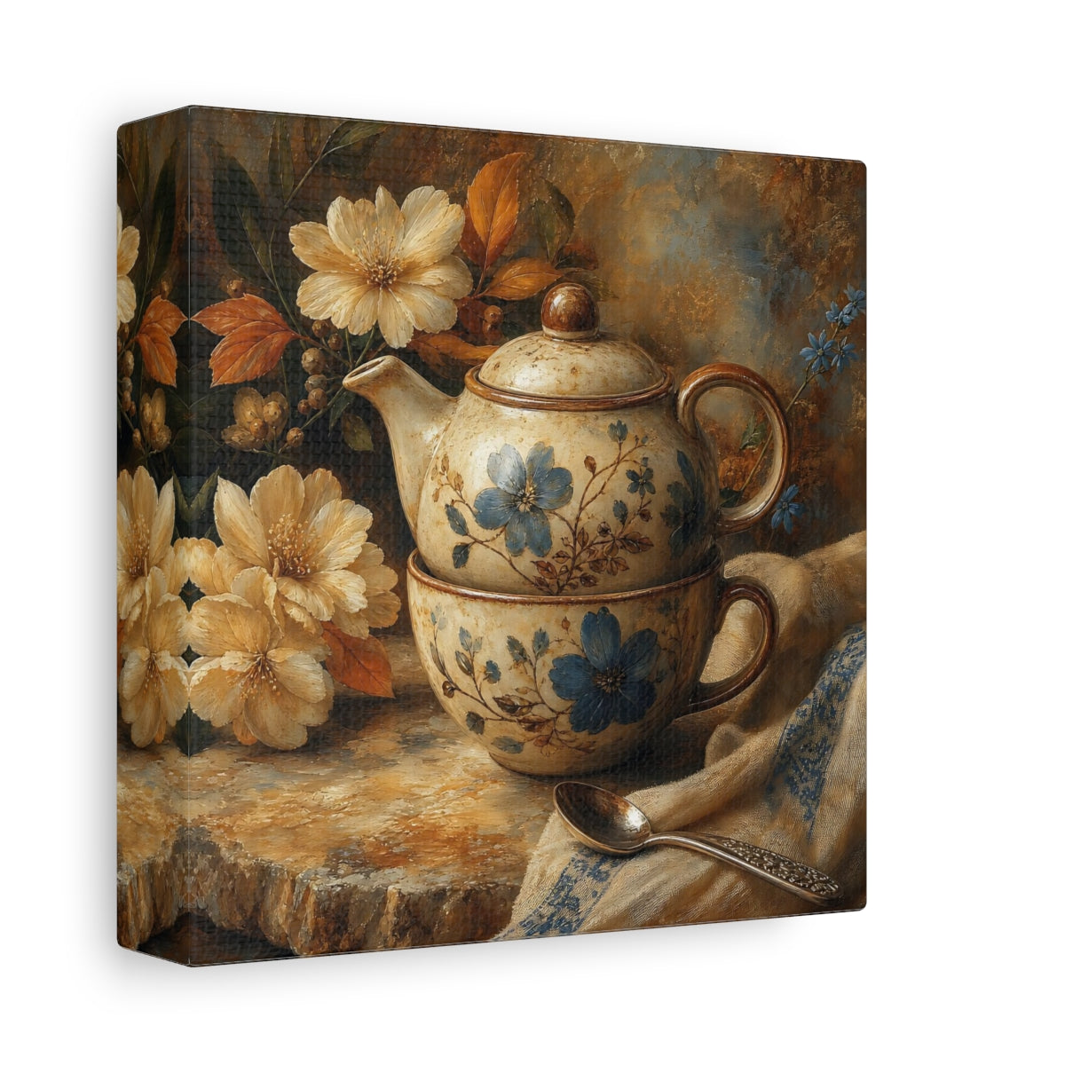 Side Mockup 2. Floral Teapot And Cup Blue Floral Teaset shown as stretched canvas wall art