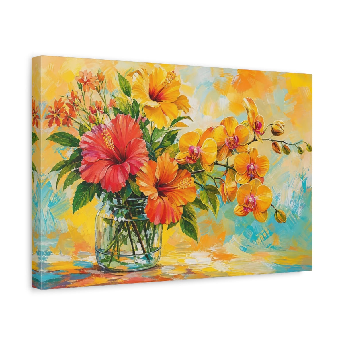 Side Mockup 4. Floral Tropical Flowers Orange Yellow Floral shown as stretched canvas wall art