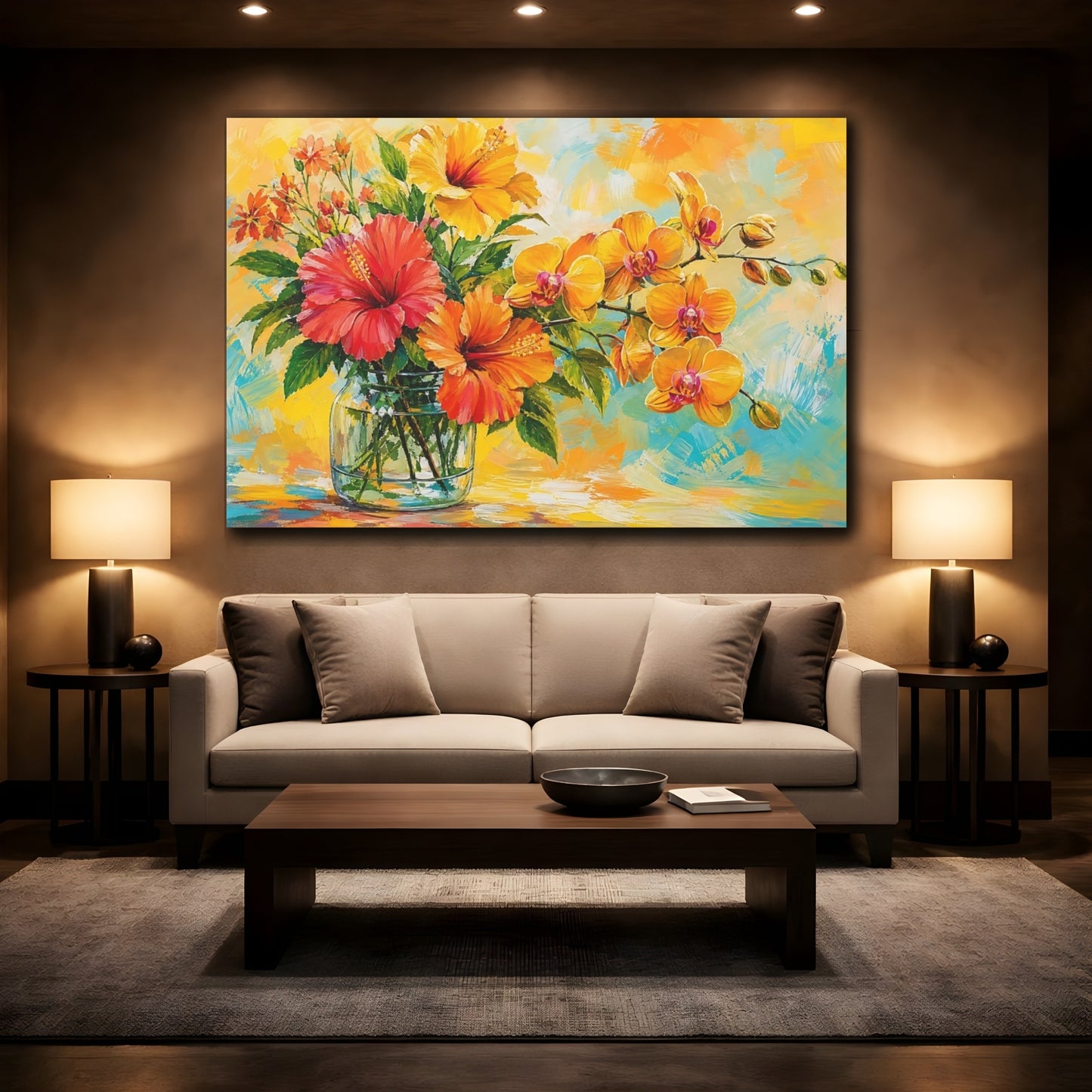 Mockup 2. Floral Tropical Flowers Orange Yellow Floral shown as stretched canvas wall art