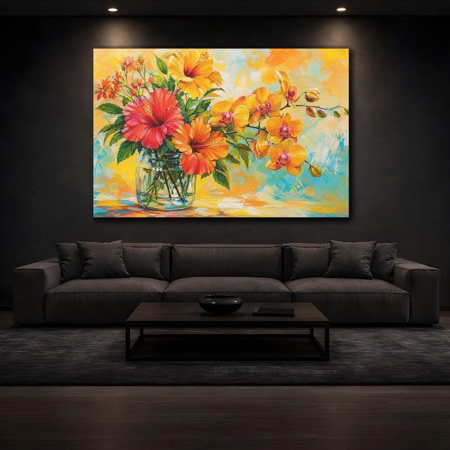 Mockup 3. Floral Tropical Flowers Orange Yellow Floral shown as stretched canvas wall art