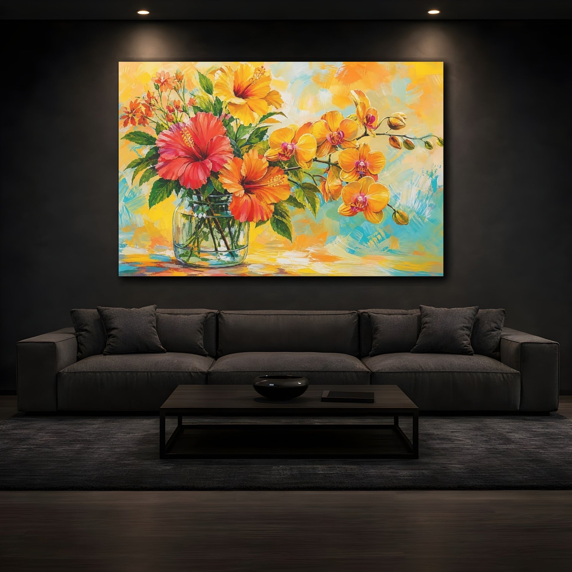 Mockup 3. Floral Tropical Flowers Orange Yellow Floral shown as stretched canvas wall art