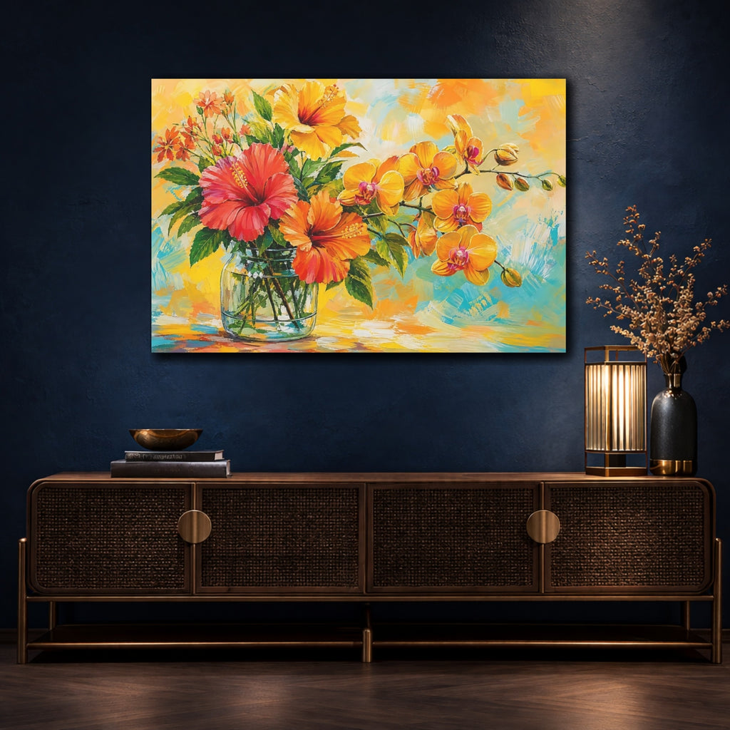 Mockup 4. Floral Tropical Flowers Orange Yellow Floral shown as stretched canvas wall art