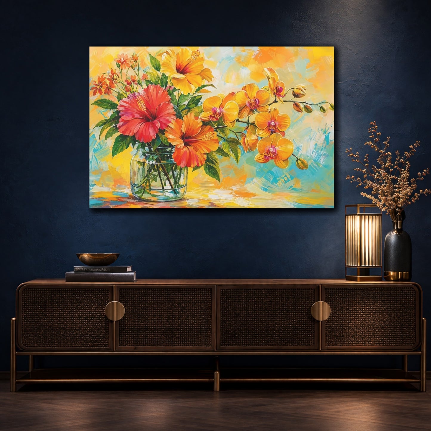 Mockup 4. Floral Tropical Flowers Orange Yellow Floral shown as stretched canvas wall art