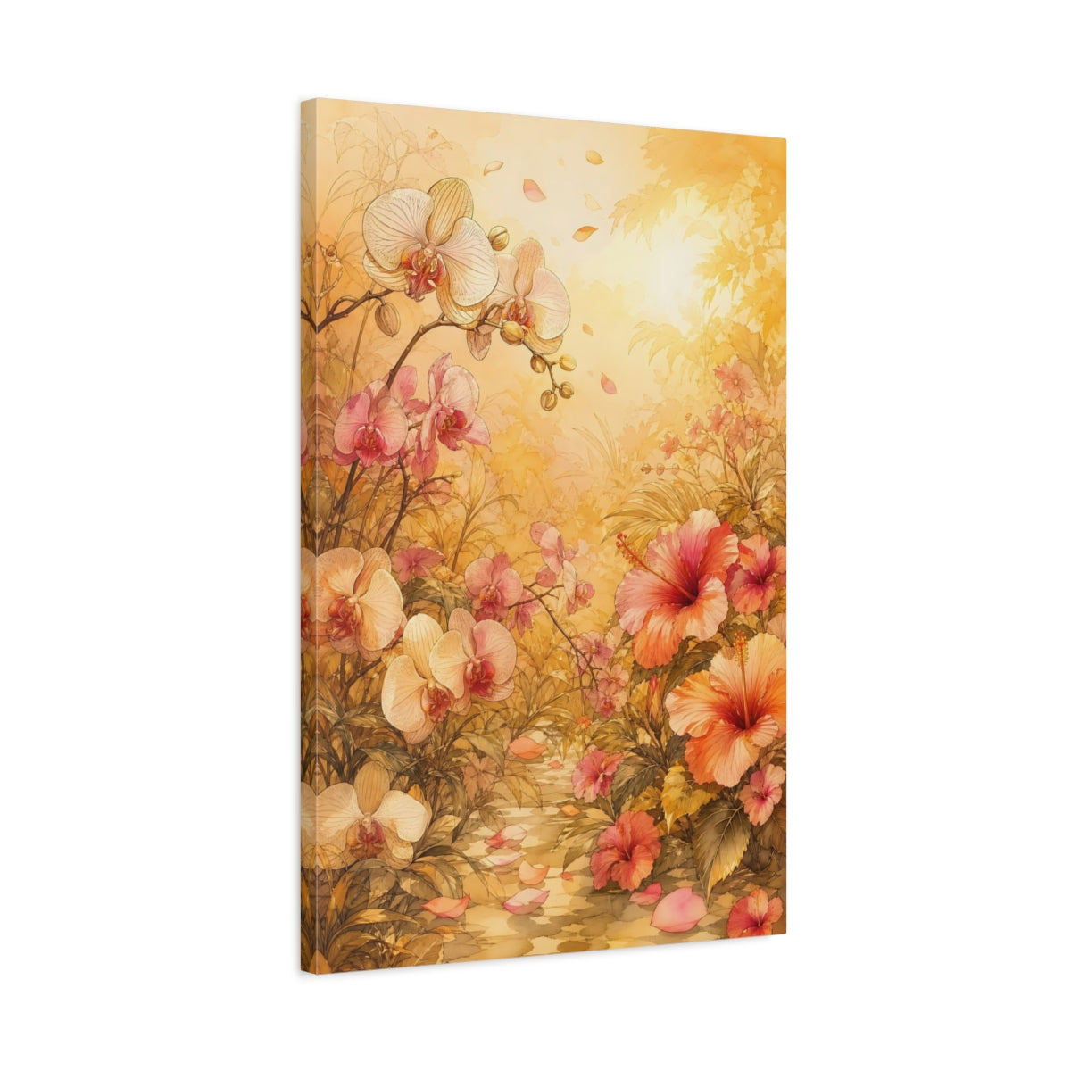Side Mockup 2. Floral Tropical Flowers Pink And Gold Floral shown as stretched canvas wall art