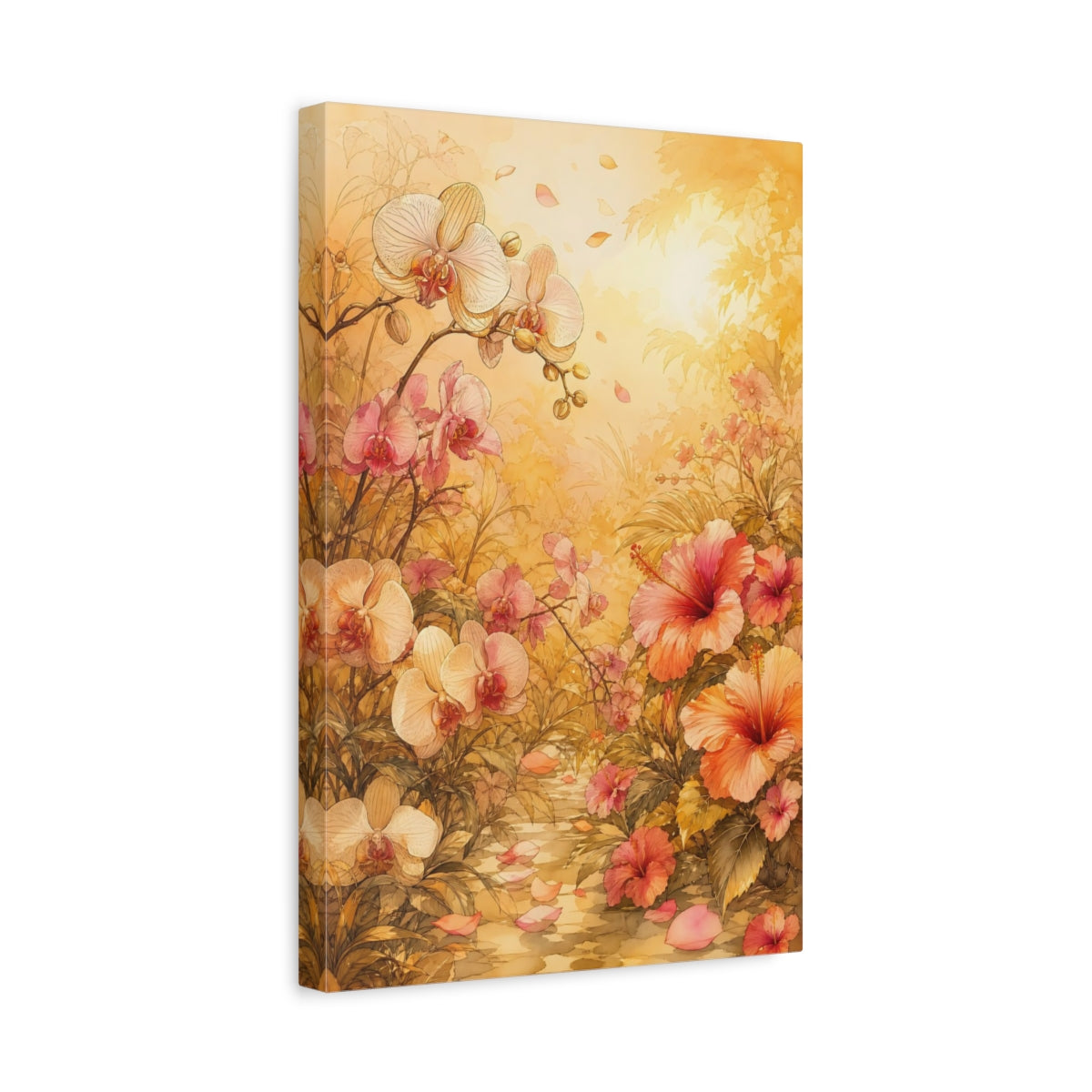 Side Mockup 4. Floral Tropical Flowers Pink And Gold Floral shown as stretched canvas wall art