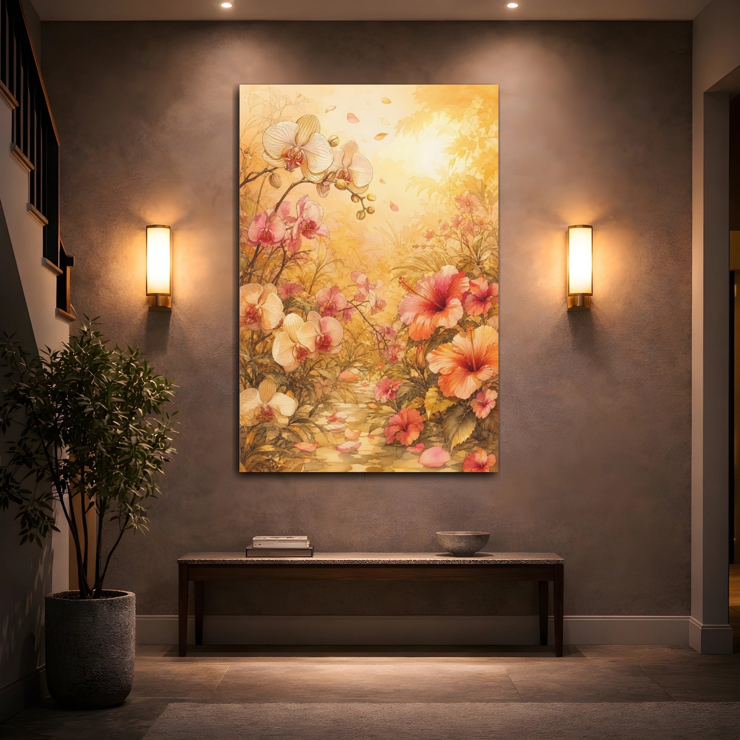 Mockup 2. Floral Tropical Flowers Pink And Gold Floral shown as stretched canvas wall art
