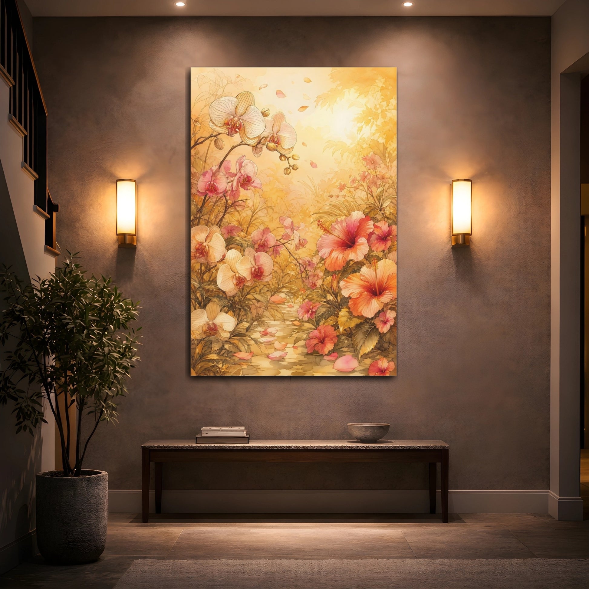 Mockup 2. Floral Tropical Flowers Pink And Gold Floral shown as stretched canvas wall art