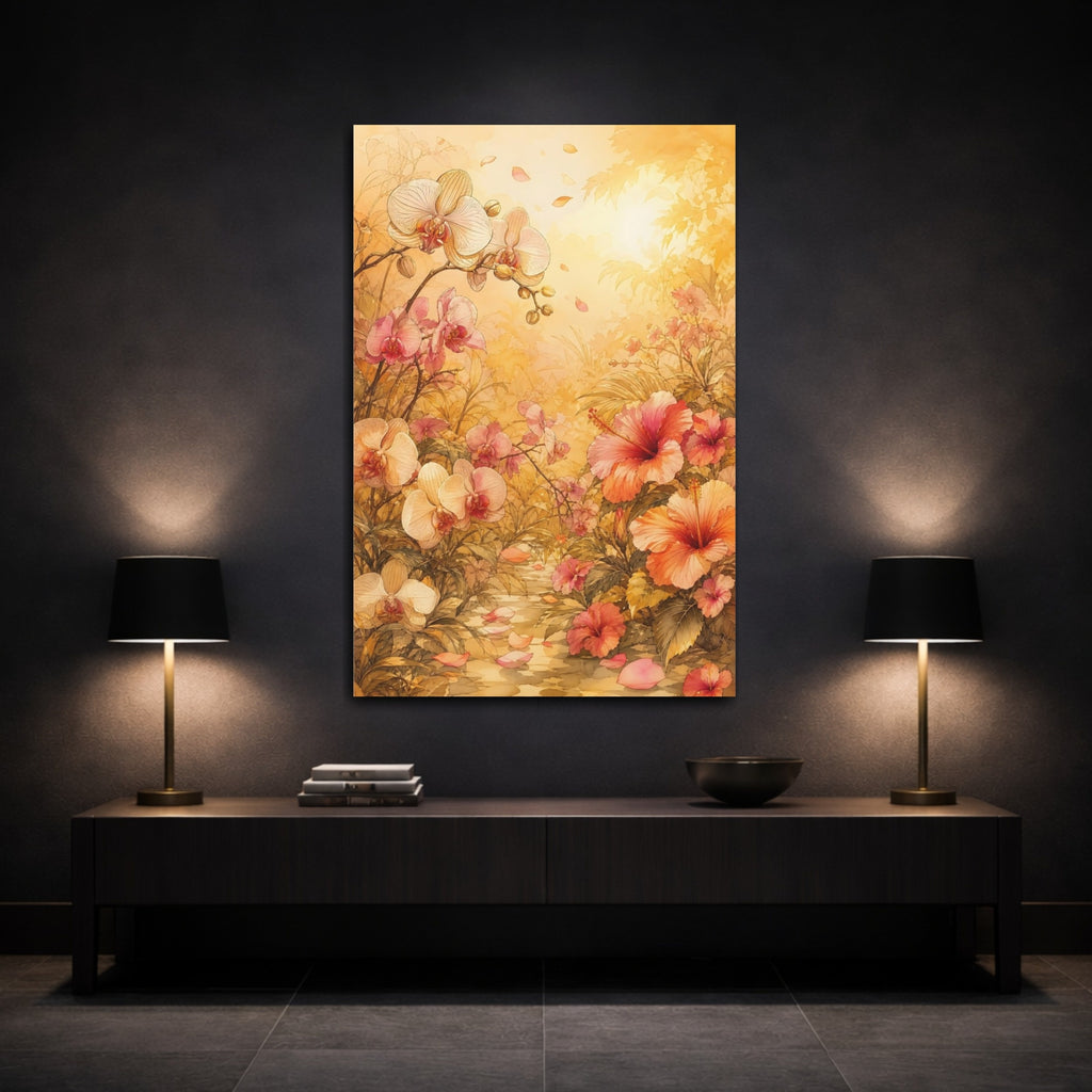 Mockup 3. Floral Tropical Flowers Pink And Gold Floral shown as stretched canvas wall art