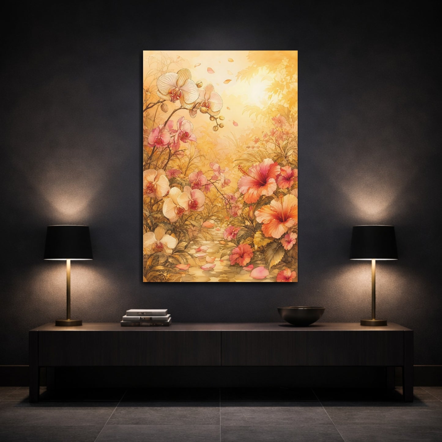 Mockup 3. Floral Tropical Flowers Pink And Gold Floral shown as stretched canvas wall art