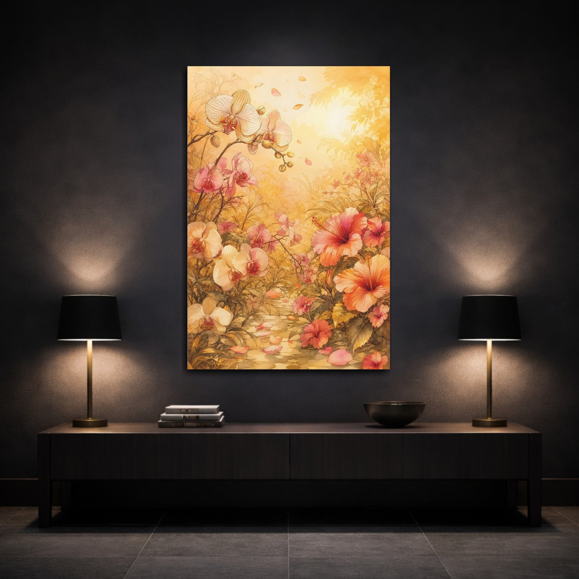 Mockup 3. Floral Tropical Flowers Pink And Gold Floral shown as stretched canvas wall art