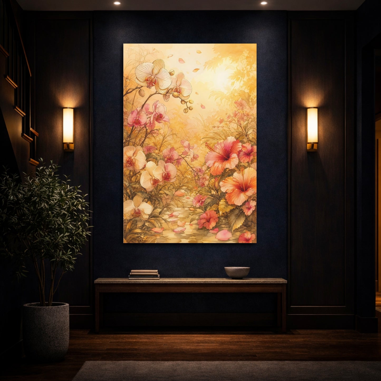 Mockup 4. Floral Tropical Flowers Pink And Gold Floral shown as stretched canvas wall art